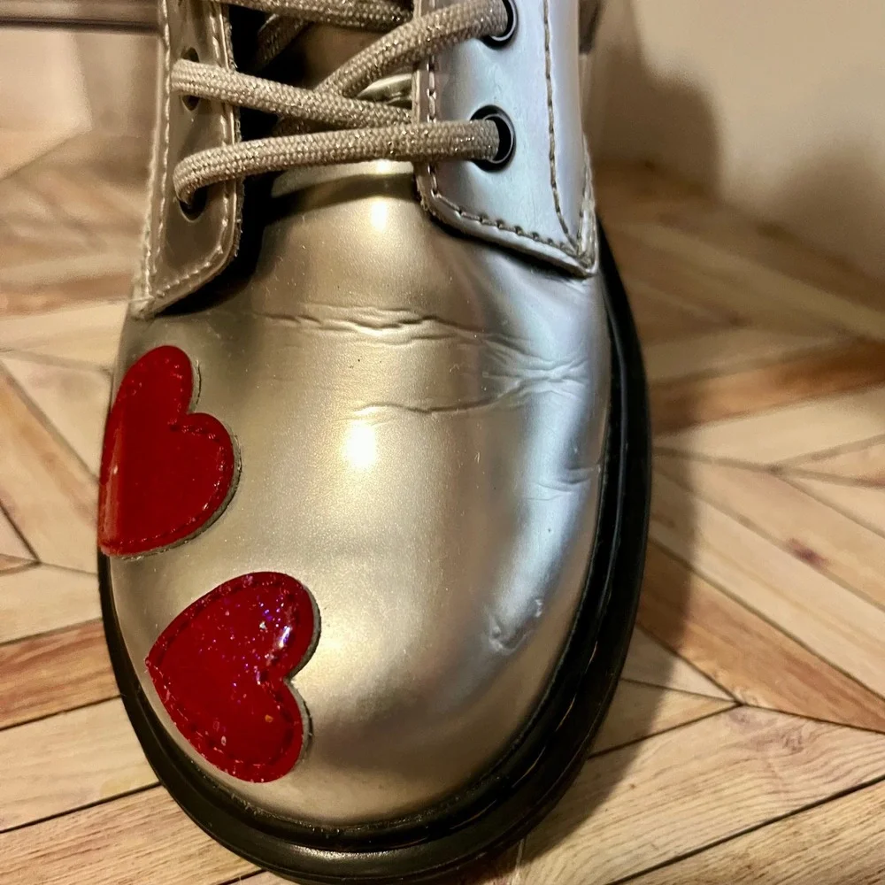 Dr Martens 1460 J Glitter Star Patent Lace Up Zip Boots Kids 3 Silver Red Hearts